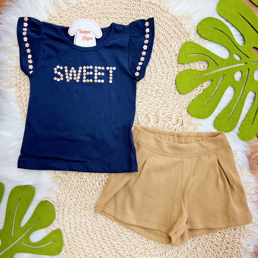 Conj. Blusa Sweet Florzinhas e Short - Marinho e Areia